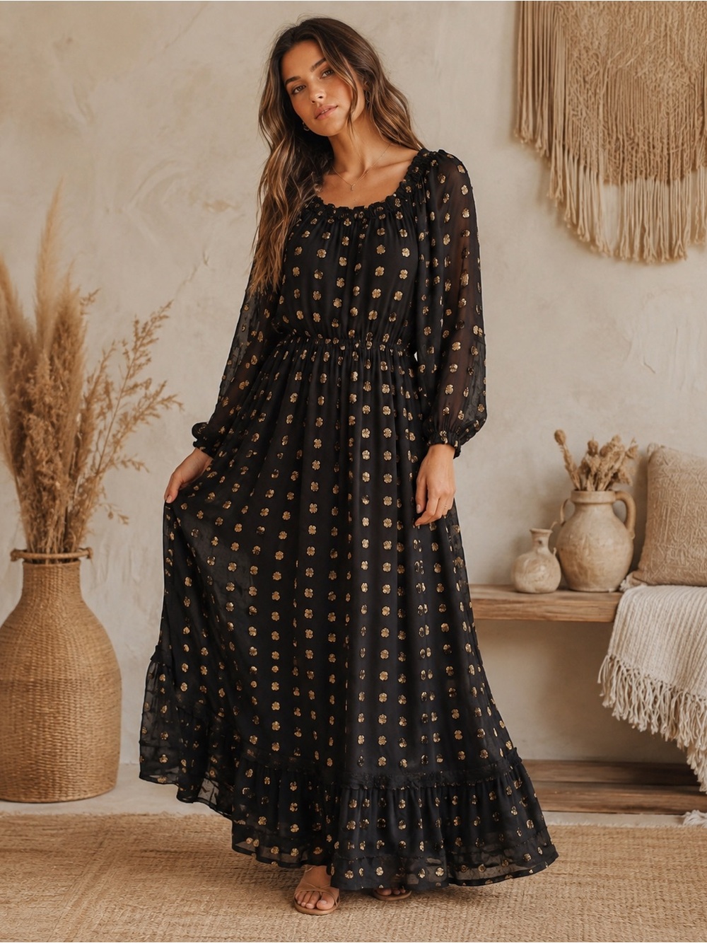 Buru Black Gold Dot Maxi Dress